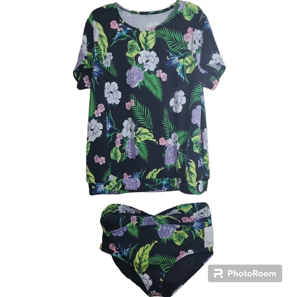 NWT Cacique Two Piece Swimsuit Blouson Tee Bikini Bottom Black Floral Size 18